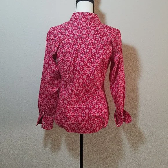 Talbots Button Down Shirt Red White Floral Long SLeeve Top Wrinkle Resistant 4 - Picture 4 of 5